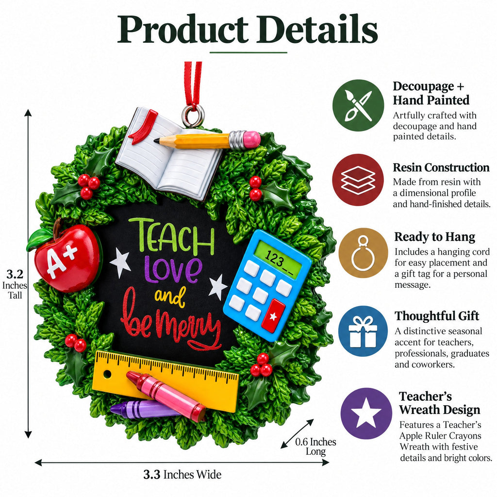 A+ Teacher Wreath Picture Frame Resin Christmas Ornament