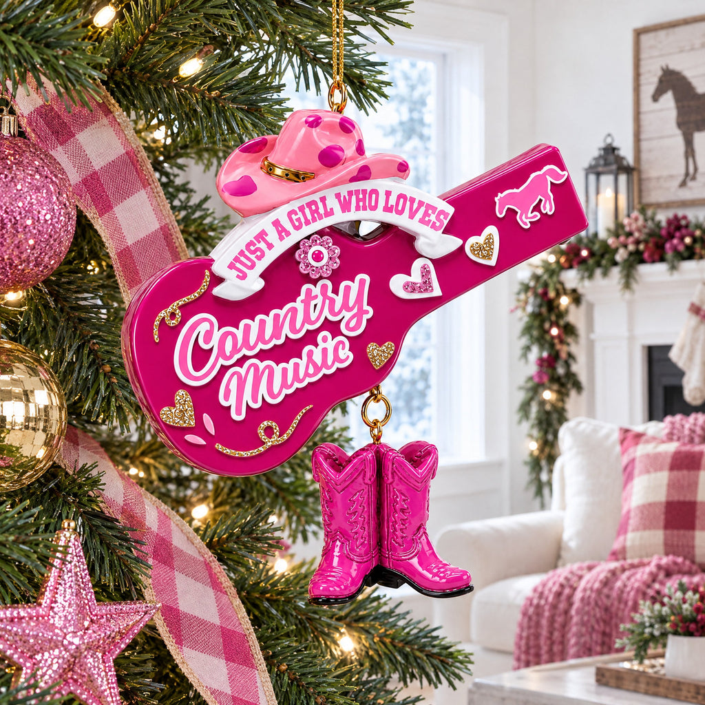 Pink Cowgirl Hat Country Music Guitar with Boots Resin Christmas Ornament