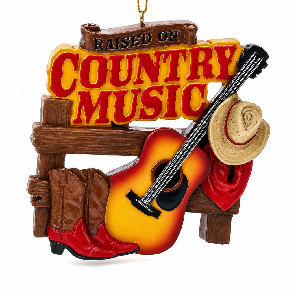 Raised On Country Music Guitar Cowboy Boots Resin Christmas Ornament