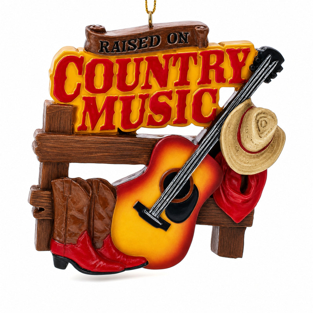 Raised On Country Music Guitar Cowboy Boots Resin Christmas Ornament