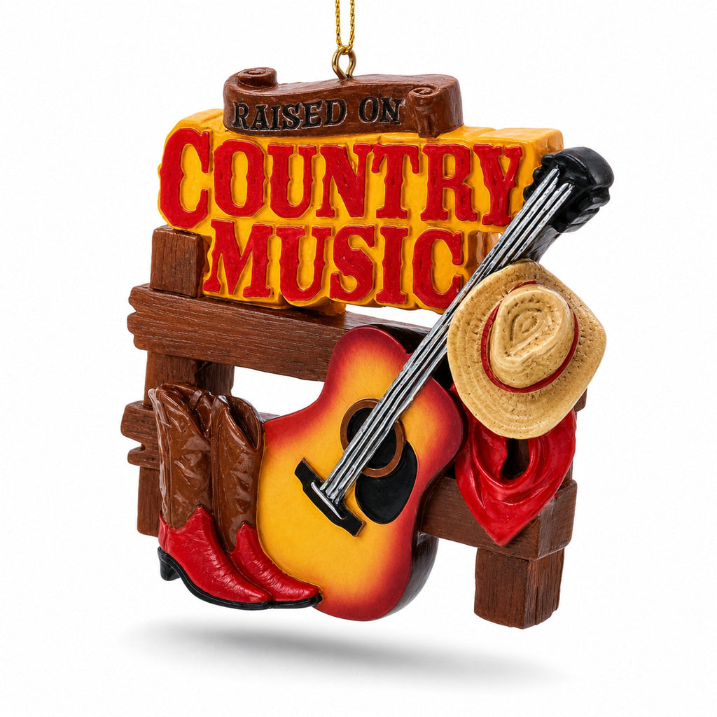 Raised On Country Music Guitar Cowboy Boots Resin Christmas Ornament