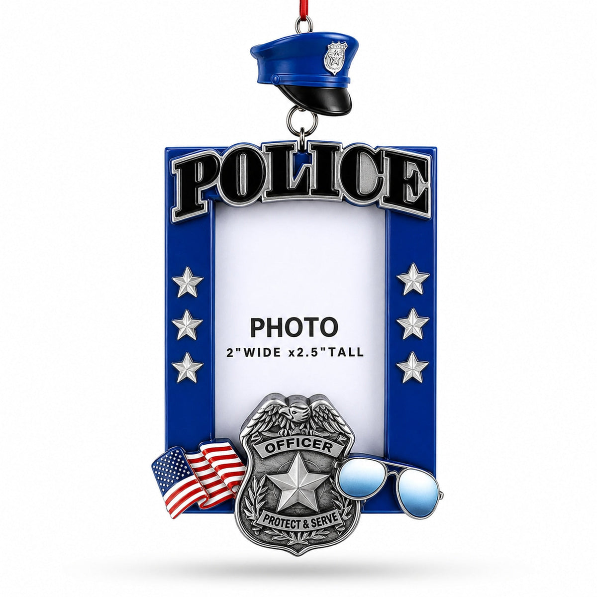 Police Officer Badge and Hat Picture Frame Resin Christmas Ornament