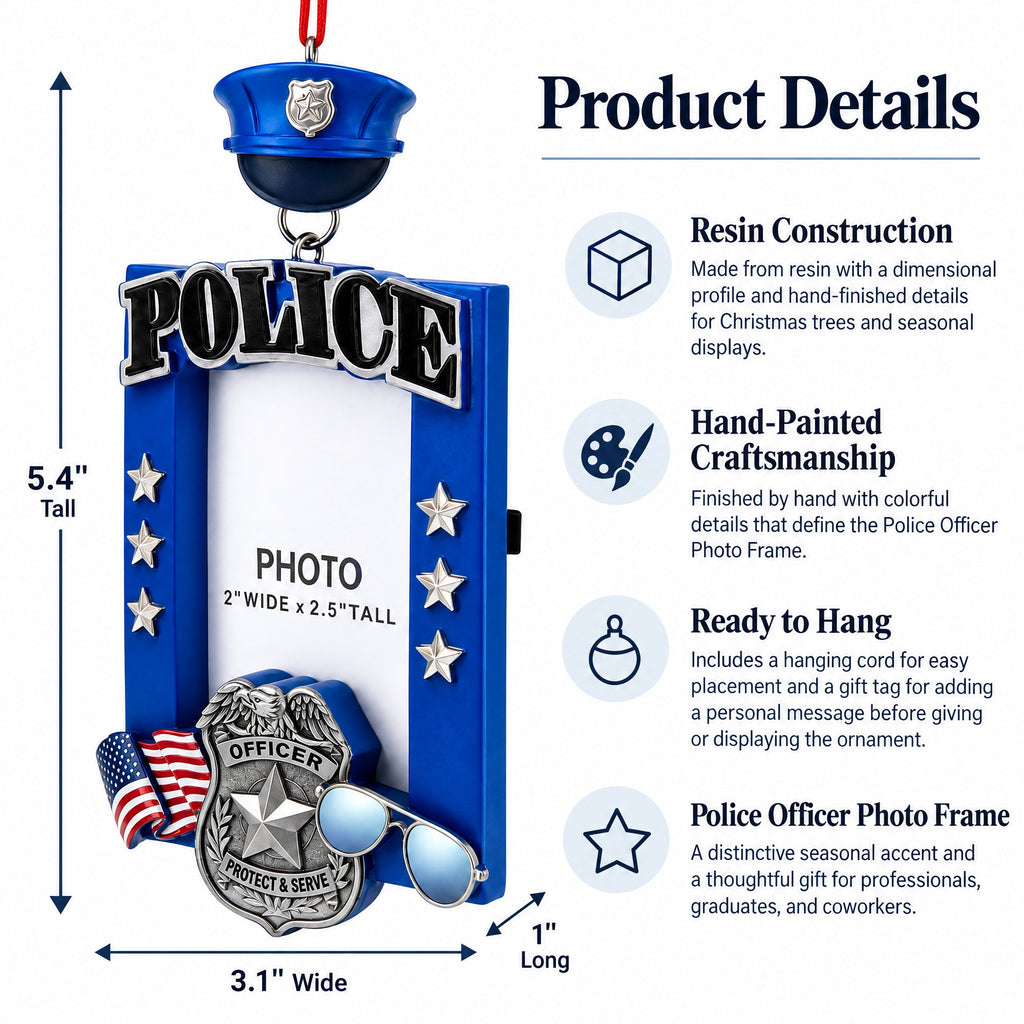 Police Officer Badge and Hat Picture Frame Resin Christmas Ornament