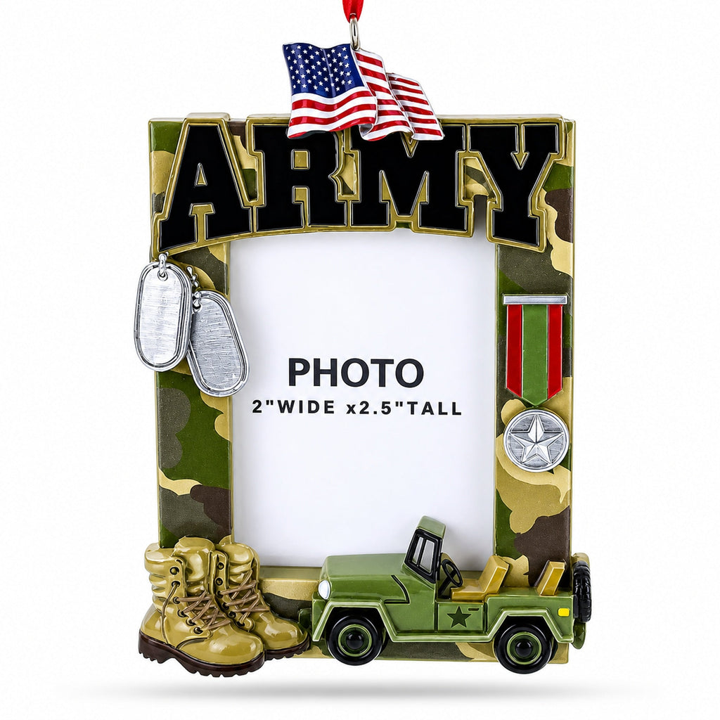 US Army Camo Patriotic Picture Frame with Medal Resin Christmas Ornament
