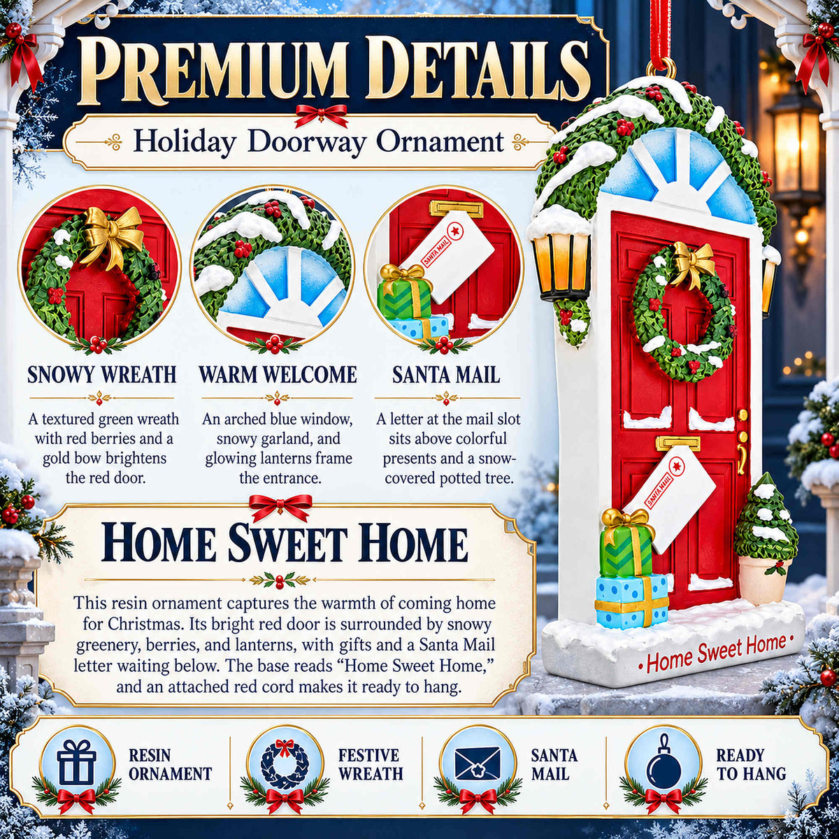Home Sweet Home Red Door Wreath Resin Christmas Ornament
