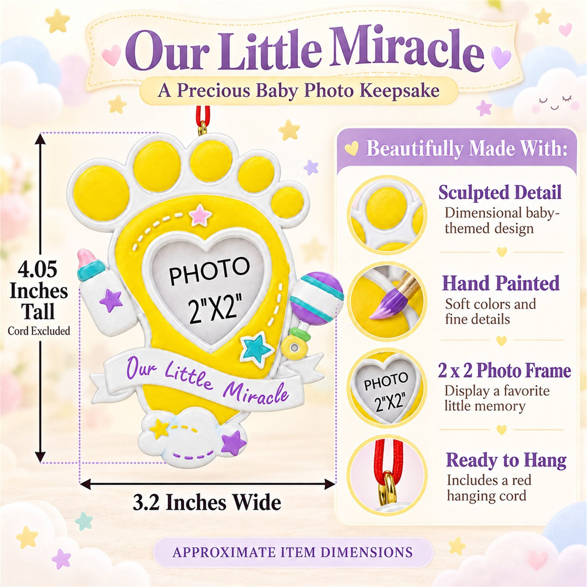 Our Little Miracle Baby Footprint Picture Frame Resin Christmas Ornament