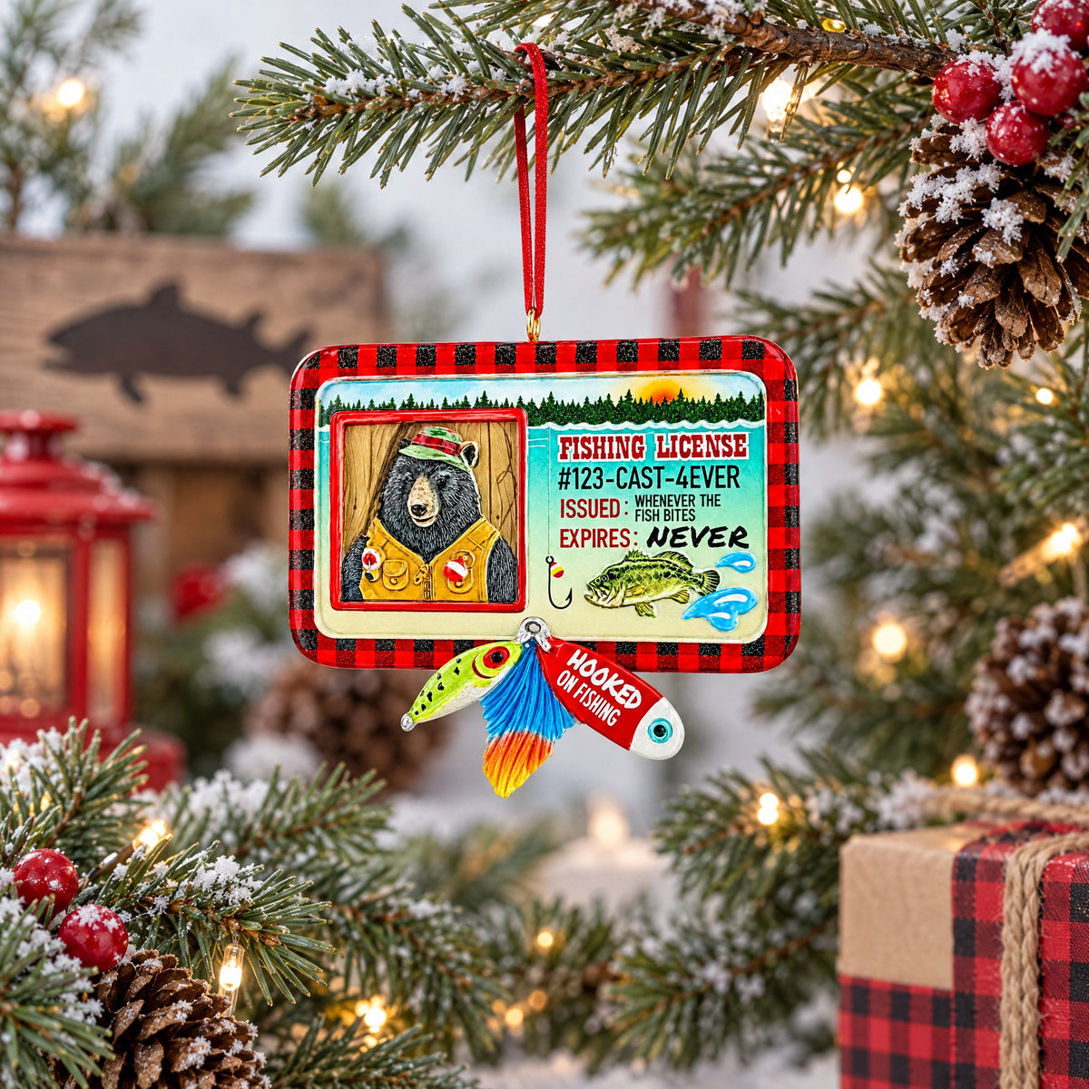 Bear's Fishing License With Lures Resin Christmas Ornament