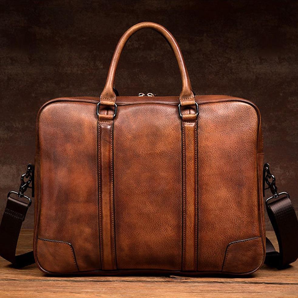Full Grain Leather Briefcase Men's Leather Laptop Bag Shoulder Messenger Bag Gift for Him