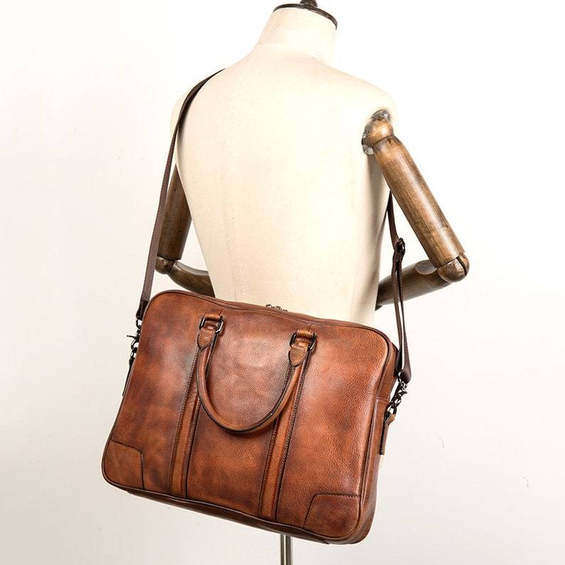 Full Grain Leather Briefcase Men's Leather Laptop Bag Shoulder Messenger Bag Gift for Him