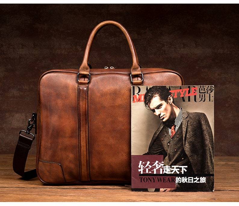 Full Grain Leather Briefcase Men's Leather Laptop Bag Shoulder Messenger Bag Gift for Him