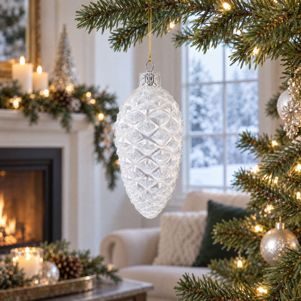 Woodland Retro Style White Pinecone Glass Christmas Ornament