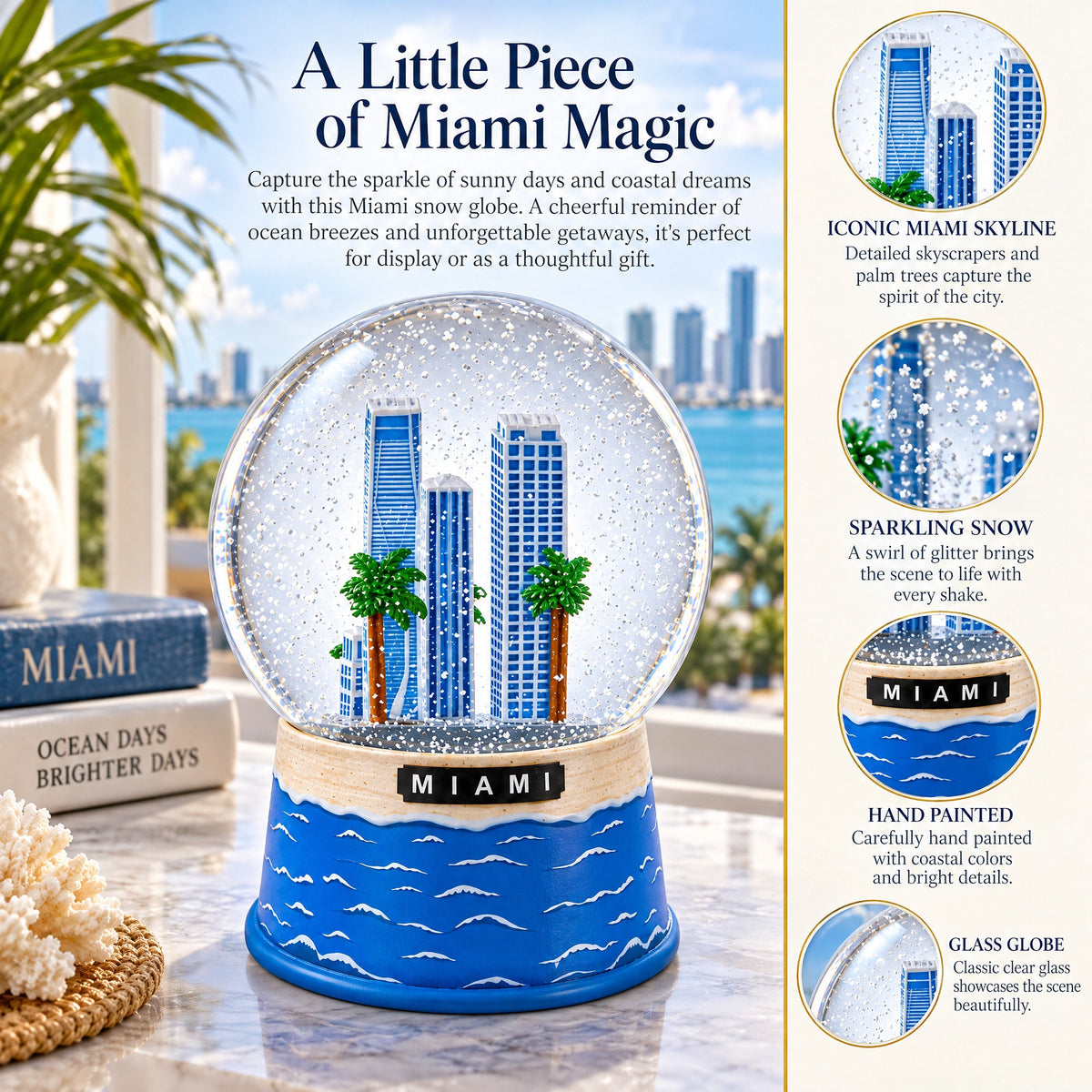 Miami Beach Skyline Glass Water Snow Globe