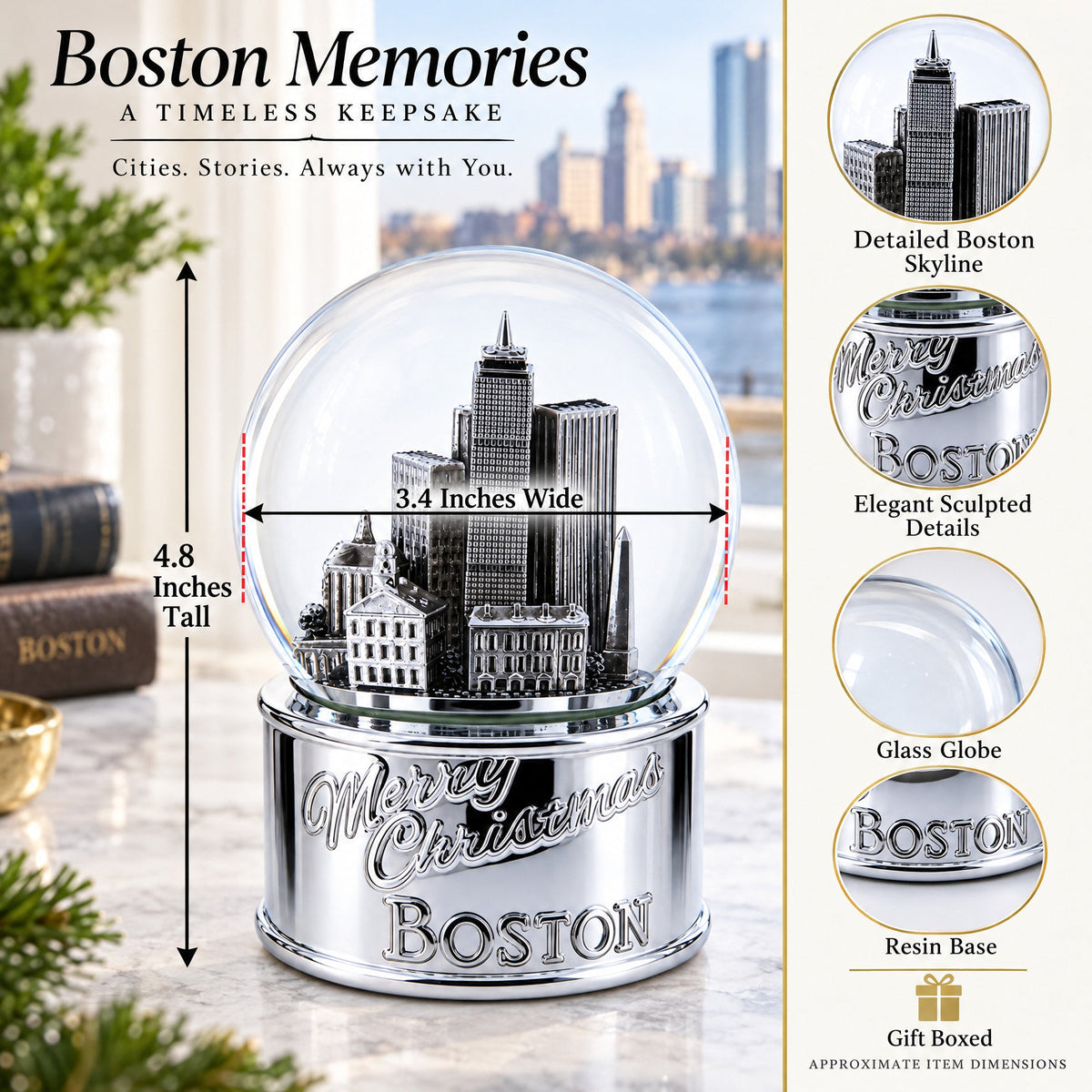 Boston Cityscape Silver Base Glass Water Snow Globe