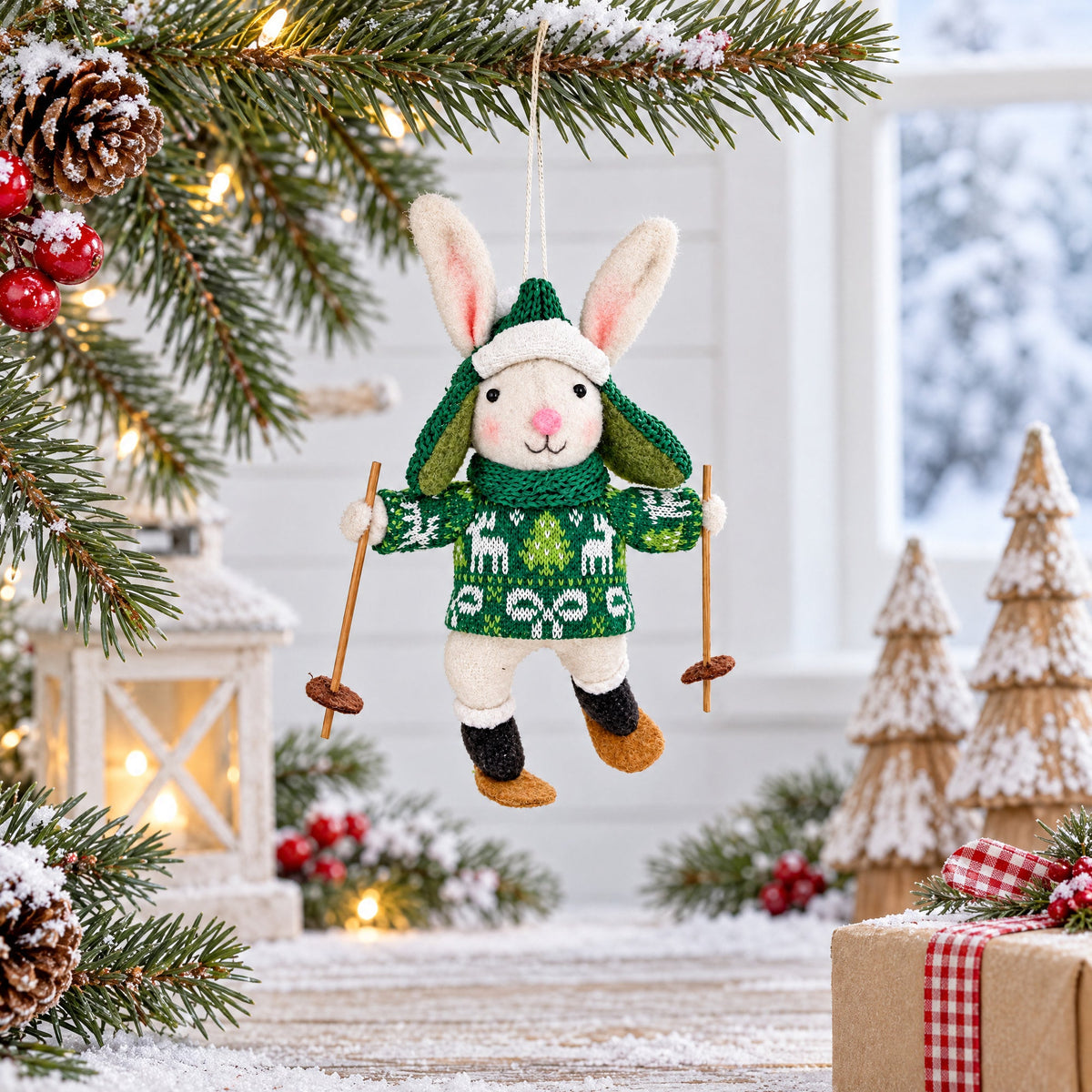 Skiing White Bunny Felt Fabric Christmas Ornament