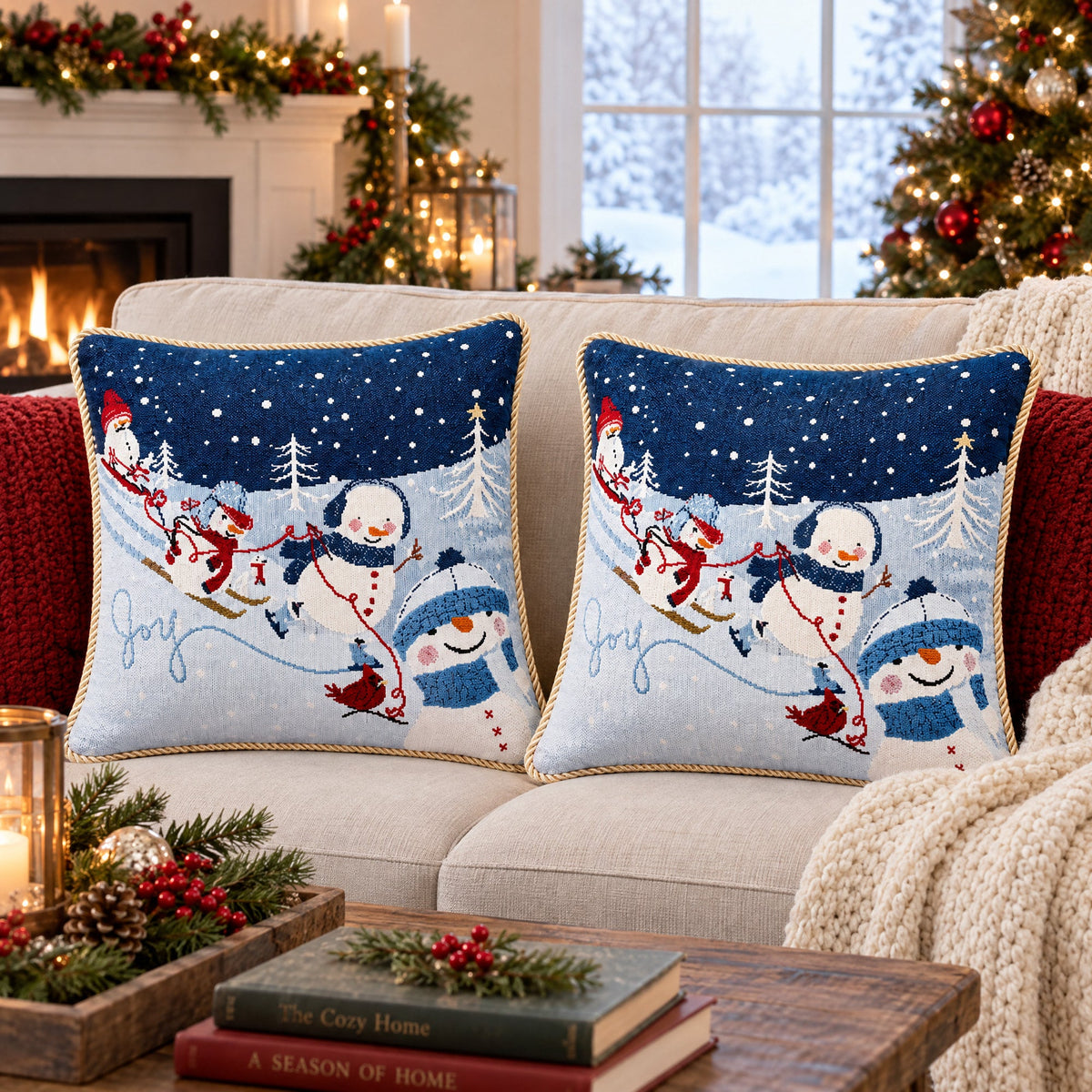 Set of 2 Snowmen Enjoying Winter Sport Parade Christmas Throw Cushion Pillow Covers
