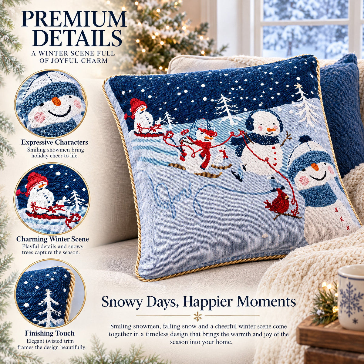 Set of 2 Snowmen Enjoying Winter Sport Parade Christmas Throw Cushion Pillow Covers
