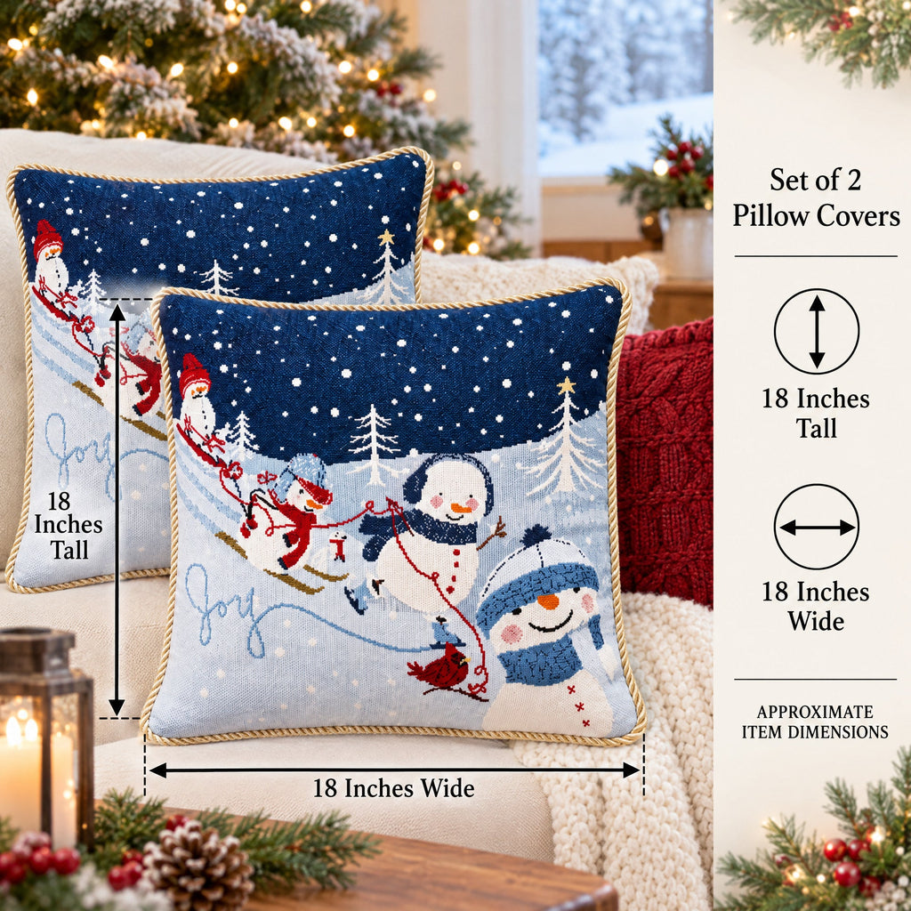 Set of 2 Snowmen Enjoying Winter Sport Parade Christmas Throw Cushion Pillow Covers