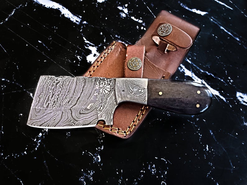 EDC Mini Cleaver/ Handmade Damascus Steel/ Bushcraft knife/ Tactical handle with Dyed Bone Handle TD-231