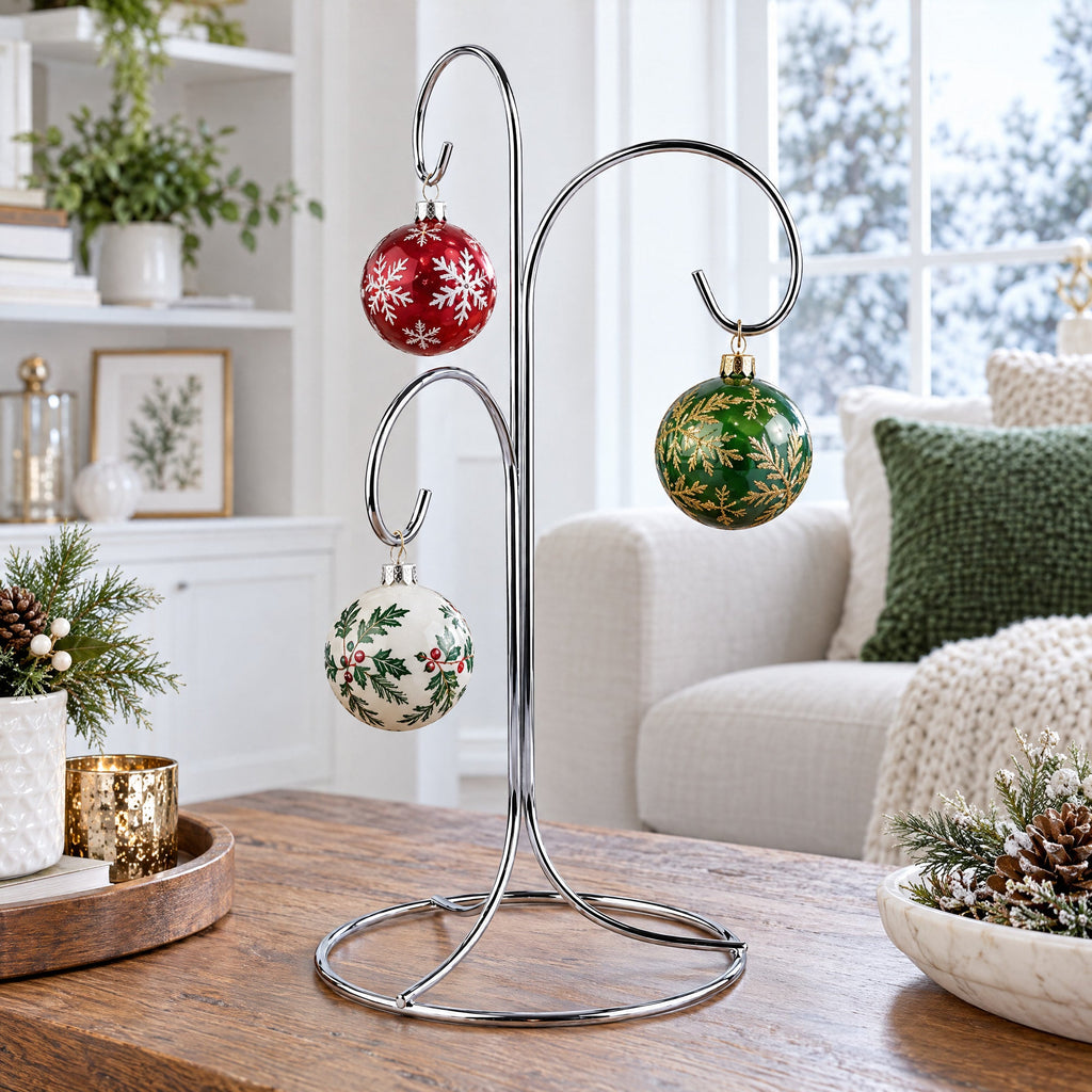 3-Arm 3-Tier Silver Metal Ornament Stand Display 10.75 Inches