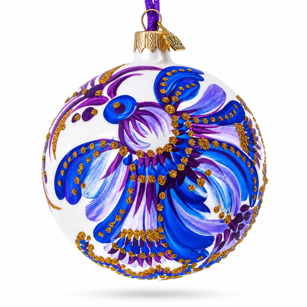 Floral Blue and Gold Glass Ball Christmas Ornament