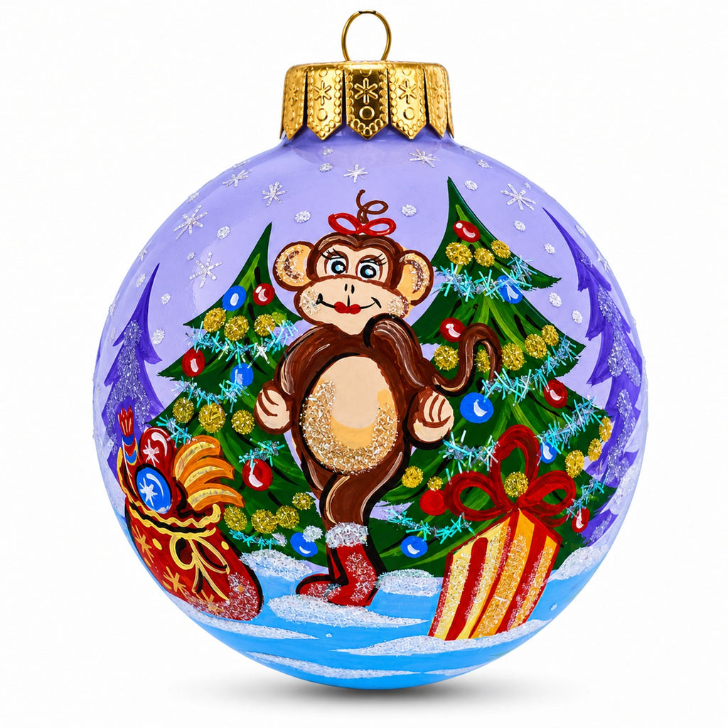 Monkey with Christmas Gifts Glass Ball Christmas Ornament 4 Inches
