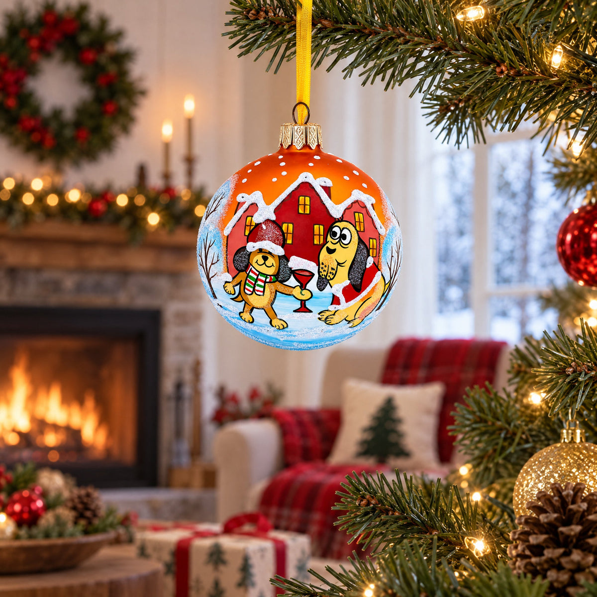 Festive Dogs' Holiday Celebration Glass Ball Christmas Ornament 3.25 Inches
