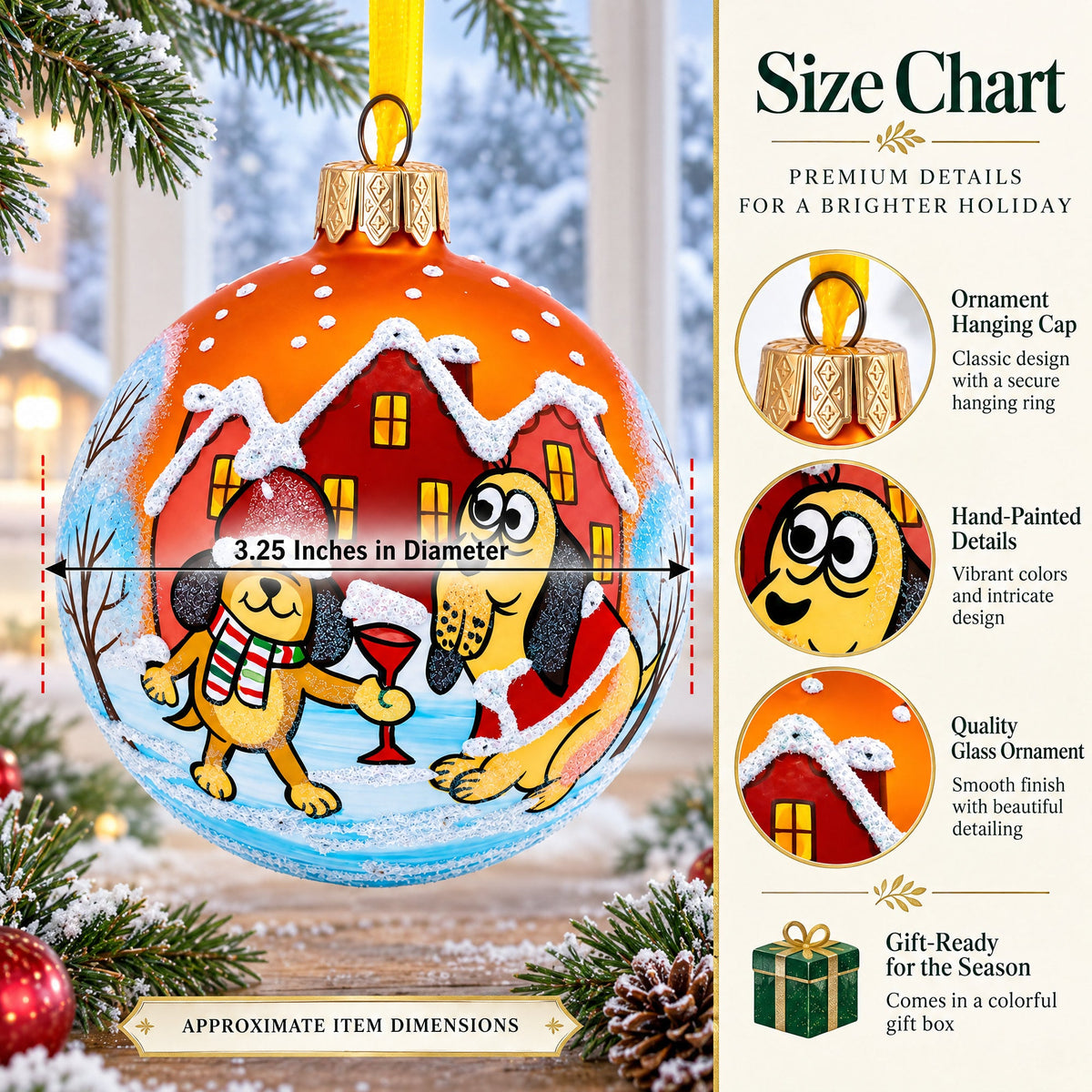Festive Dogs' Holiday Celebration Glass Ball Christmas Ornament 3.25 Inches