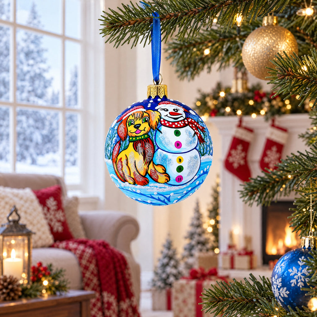 Dog and Snowman Friendship Glass Ball Christmas Ornament 3.25 Inches
