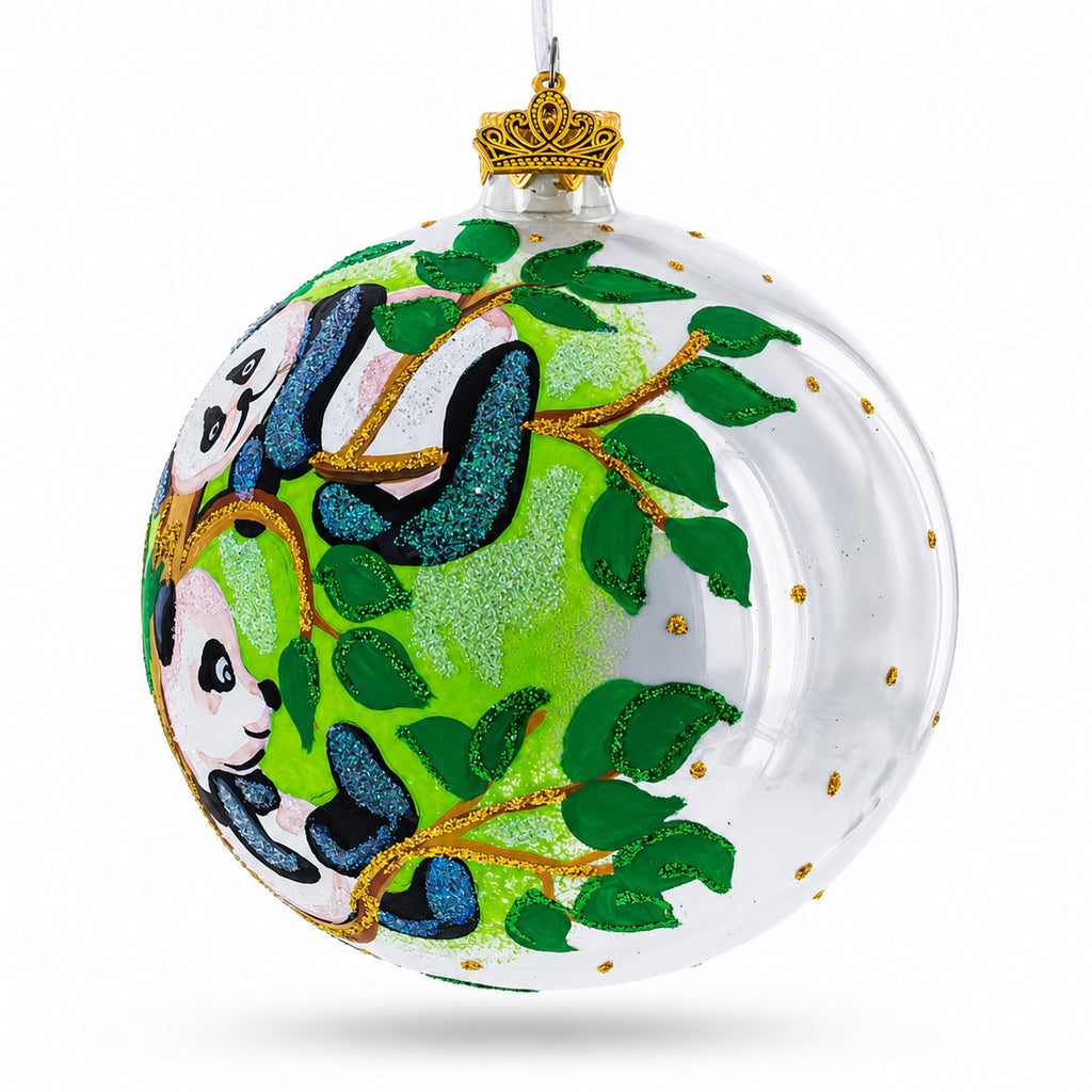 Panda Bears on Tree Branch Glass Ball Christmas Ornament 4 Inches
