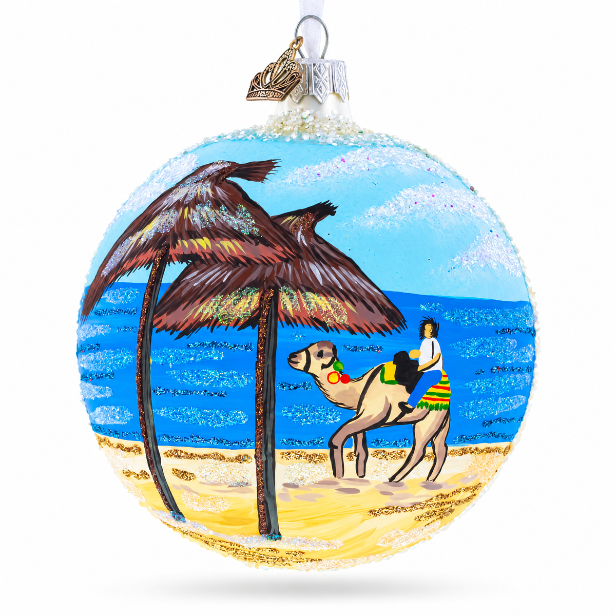 Beach at Hammamet, Tunisia Glass Ball Christmas Ornament 4 Inches