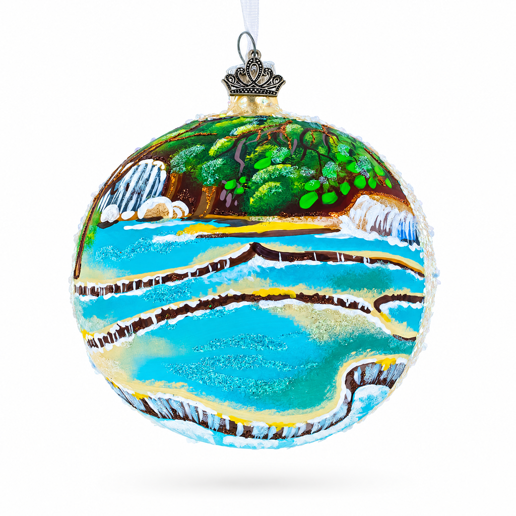 Kuang Si Waterfall, Laos Glass Ball Christmas Ornament 4 Inches