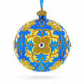 Jeweled Golden Leaves on Blue Glass  Ball Christmas Ornament 4 Inches