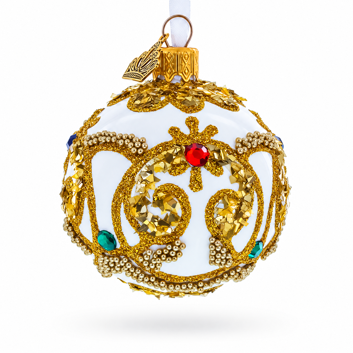 Gold Glitter Scrolls and Multicolor Jewel Accents on White Glass Ball Christmas Ornament
