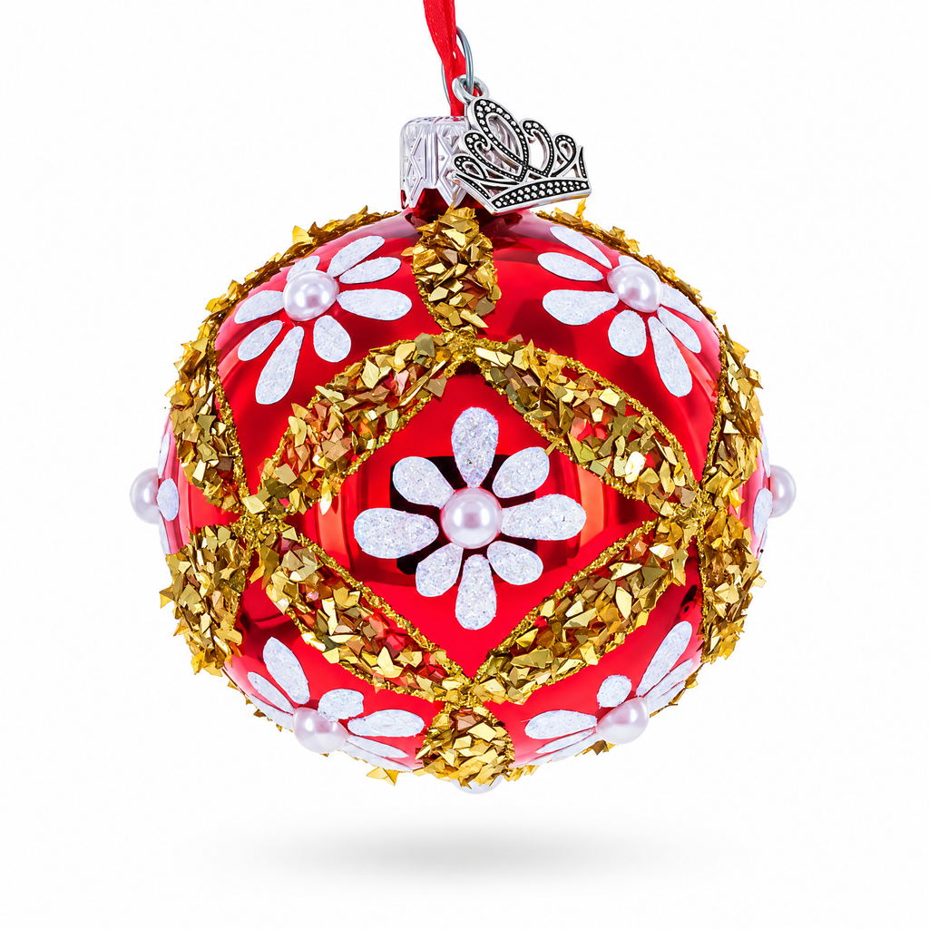 White Glitter Daisies and Pearls on Glossy Red with Gold Trim Glass Ball Christmas Ornament