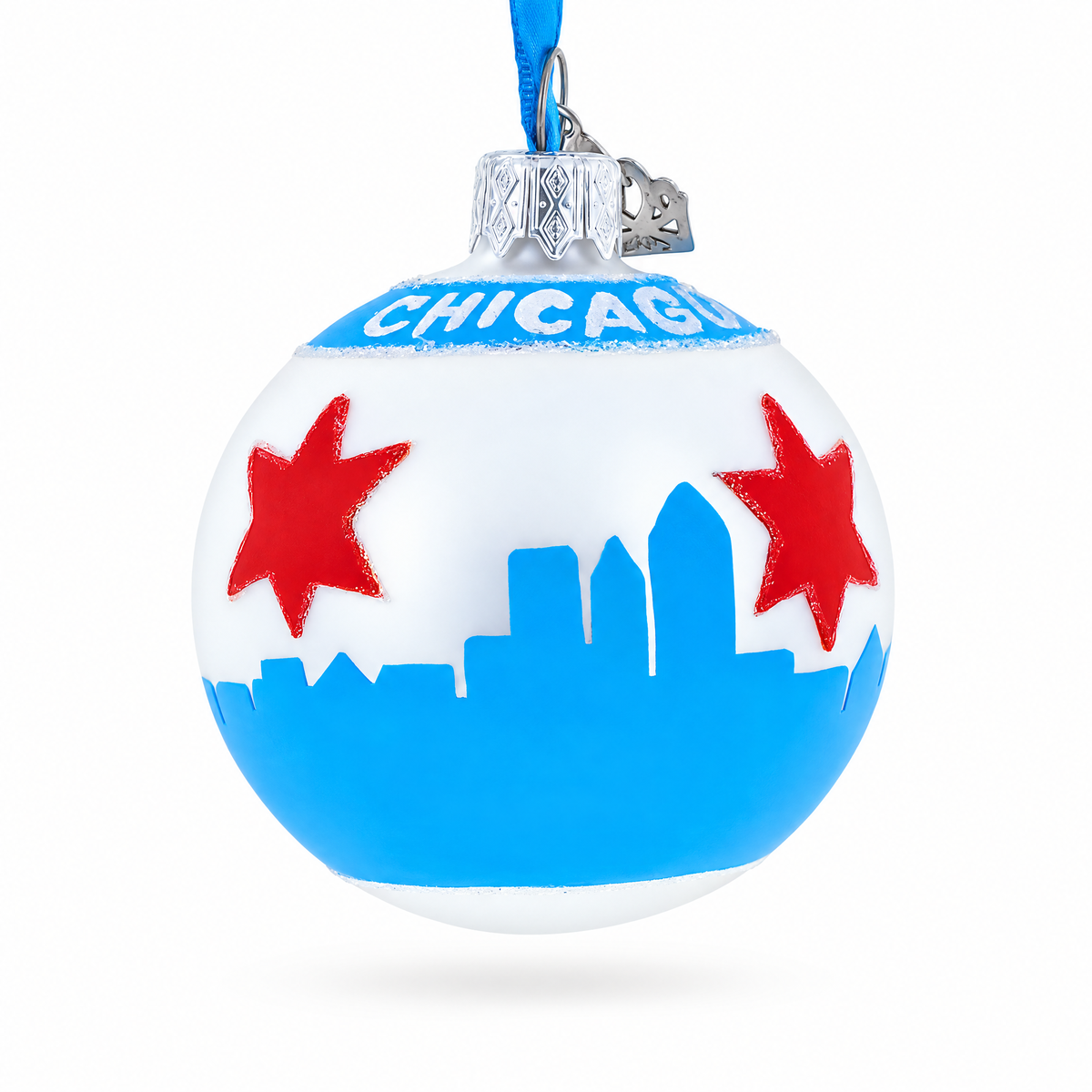 Chicago Skyline and Flag on Silver Glass Ball Christmas Ornament