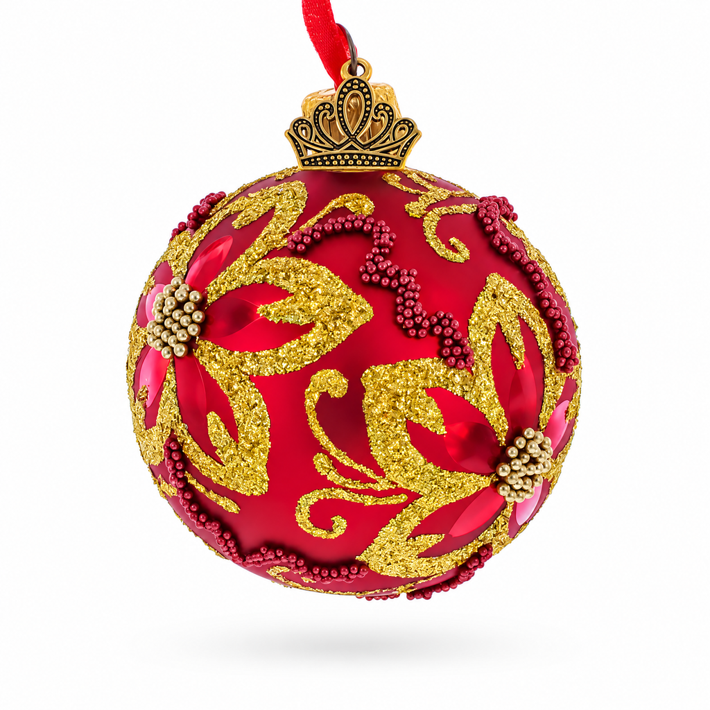 Gold Glitter Floral Scrolls and Beaded Petals on Red Glass Ball Christmas Ornament