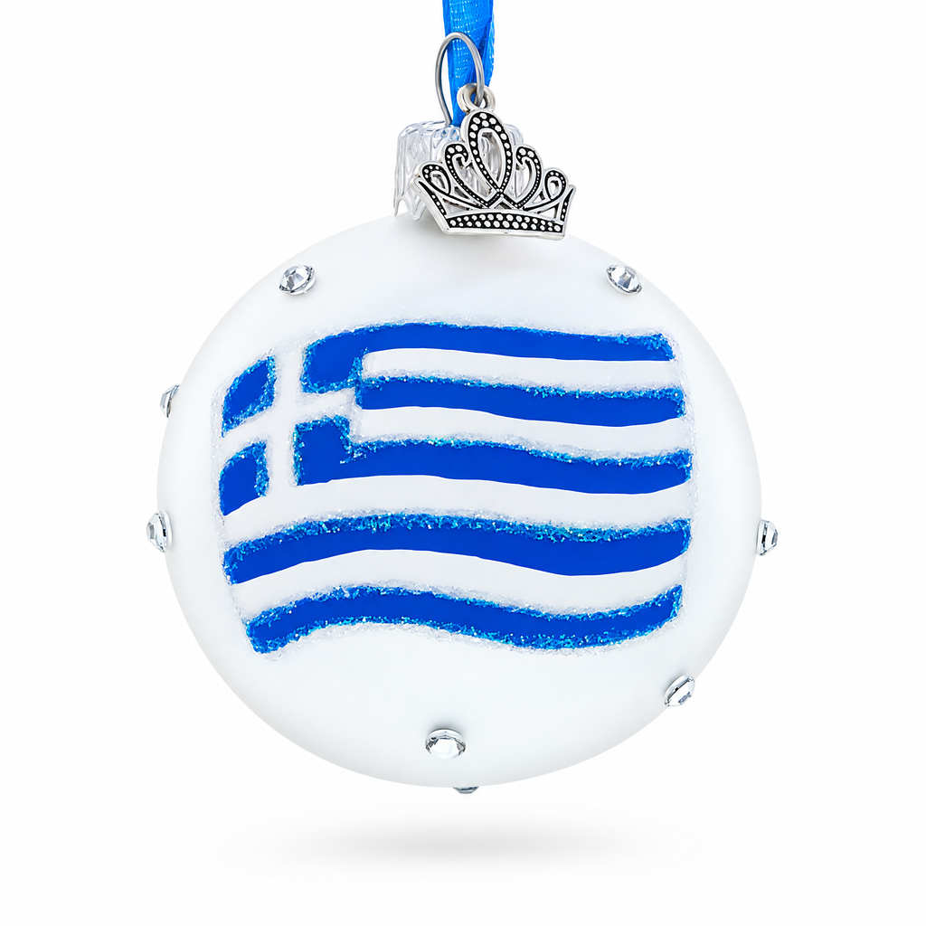Greek Flag with Crystal Accents Glass Ball Christmas Ornament