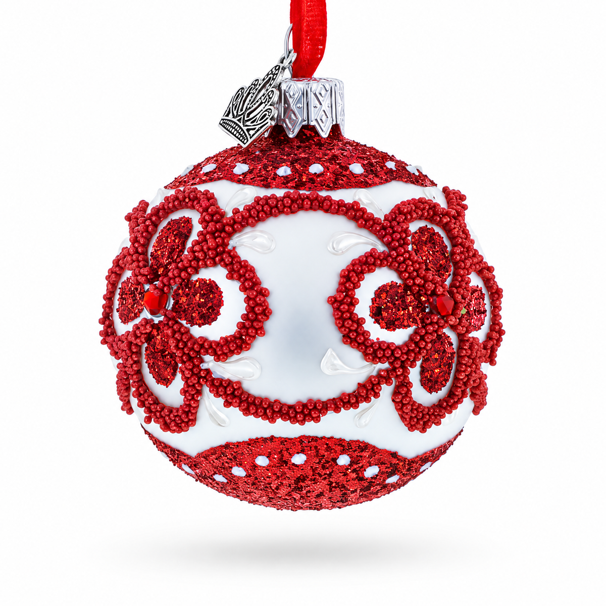 Red Glitter Petals and Beaded Floral Scrolls on White Glass Ball Christmas Ornament