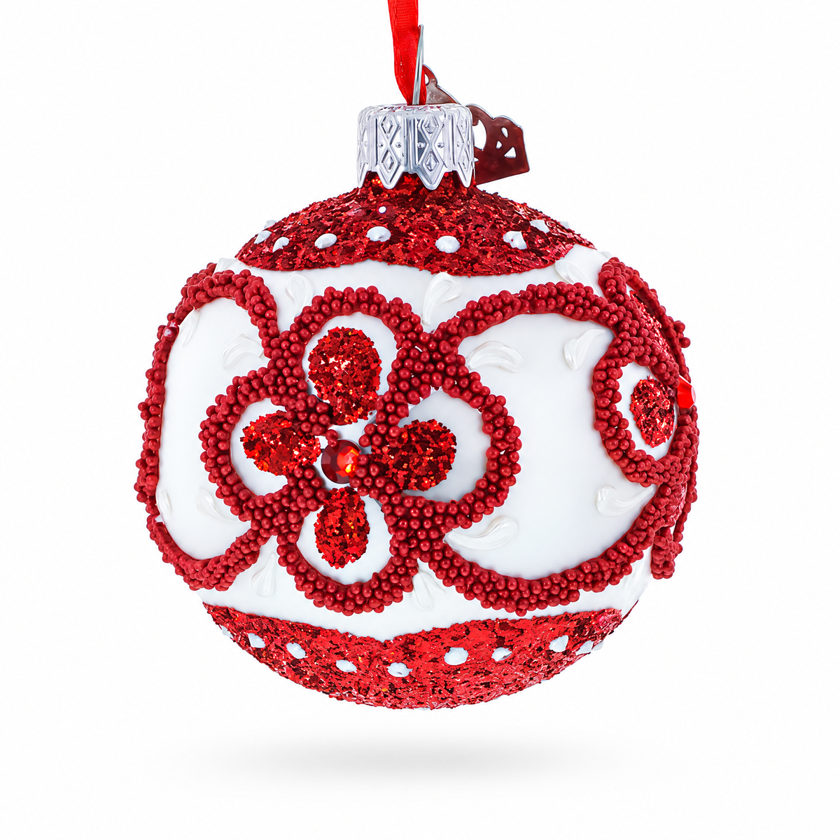 Red Glitter Petals and Beaded Floral Scrolls on White Glass Ball Christmas Ornament