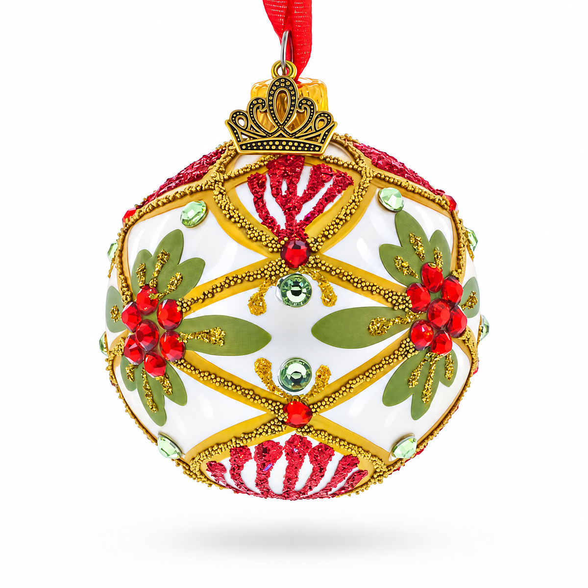 Gold Floral Design with Red Jewel Accents Glass Ball Christmas Ornament