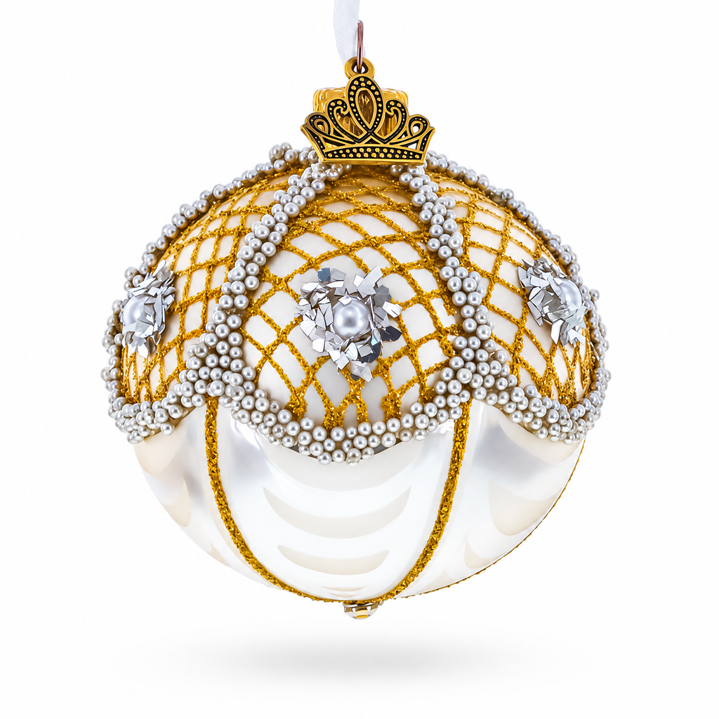 Gold Lattice with Pearls and Silver Accents Glass Ball Christmas Ornament