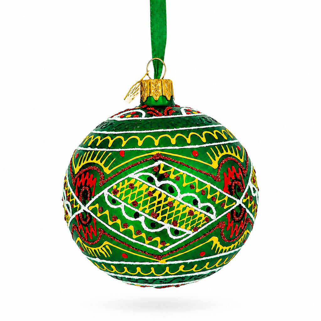 Green Geometric Ukrainian Glass Ball Christmas Ornament 3.15 Inches
