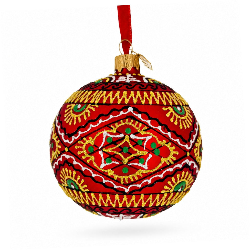 Red Geometric Ukrainian Egg Glass Christmas Ornament 3.15 Inches