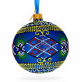 Blue Geometric Ukrainian Glass Ball Christmas Ornament 3.25 Inches