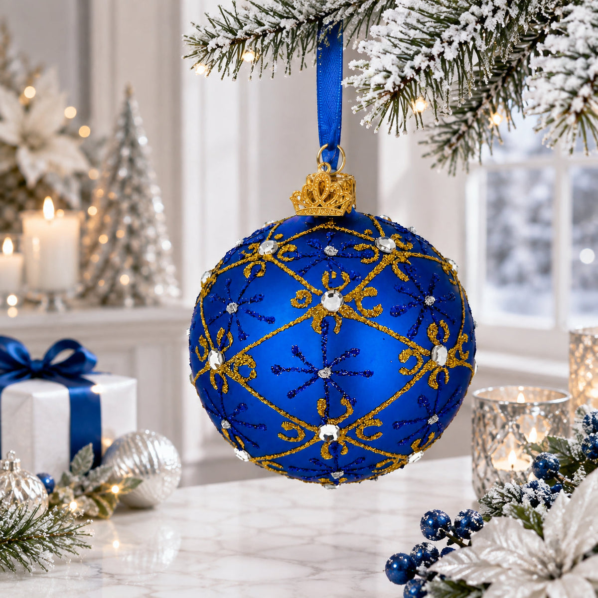 Jeweled Trellis On Blue Glass Egg Ornament 3.25 Inches