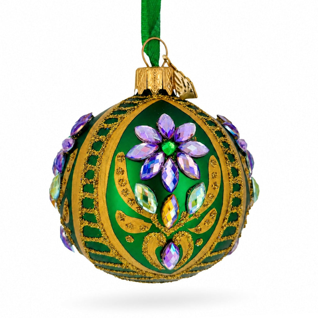 Ornate Botanical Round Rhinestone Accent Glass Ball Christmas Ornament