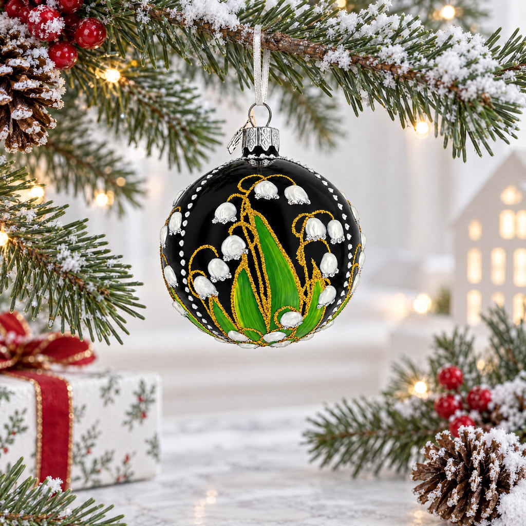 Lily of the Valley on Black Glass Ball Christmas Ornament