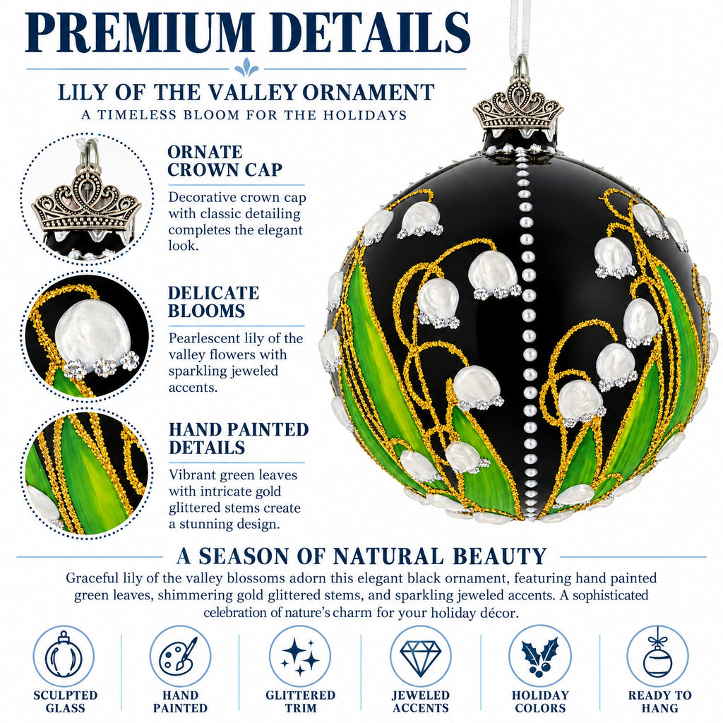 Lily of the Valley on Black Glass Ball Christmas Ornament