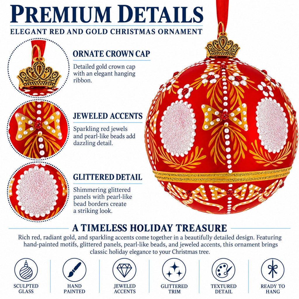 Ornate Floral Medallion on Matte Red Glass Ball Christmas Ornament
