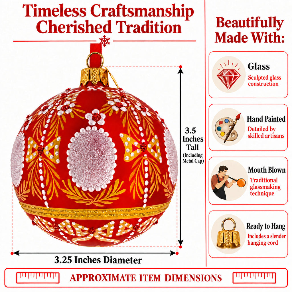 Ornate Floral Medallion on Matte Red Glass Ball Christmas Ornament